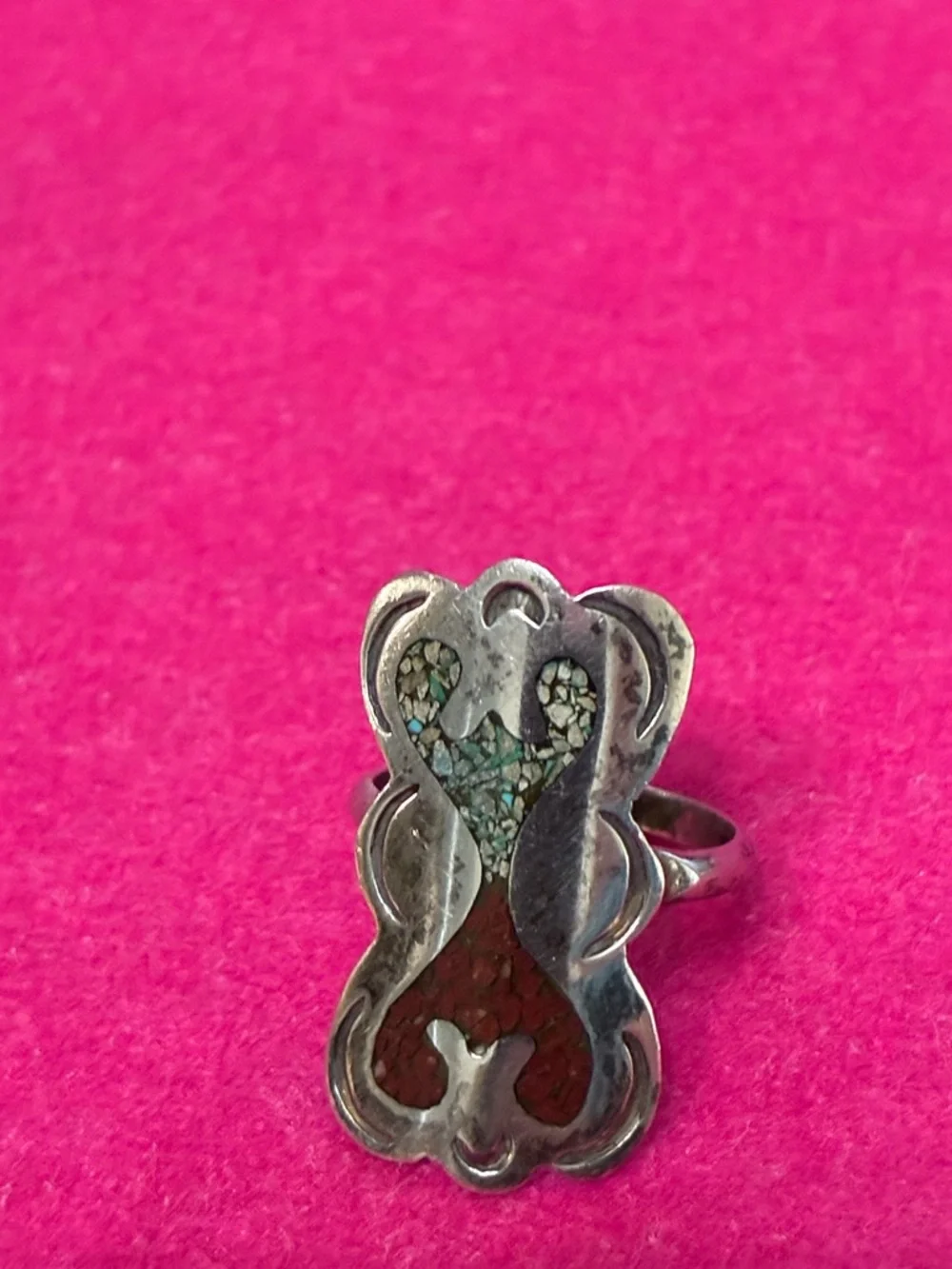 Vtg Native American Sterling Silver Turquoise & Coral Inlay ring size 6.5 - Picture 1 of 3